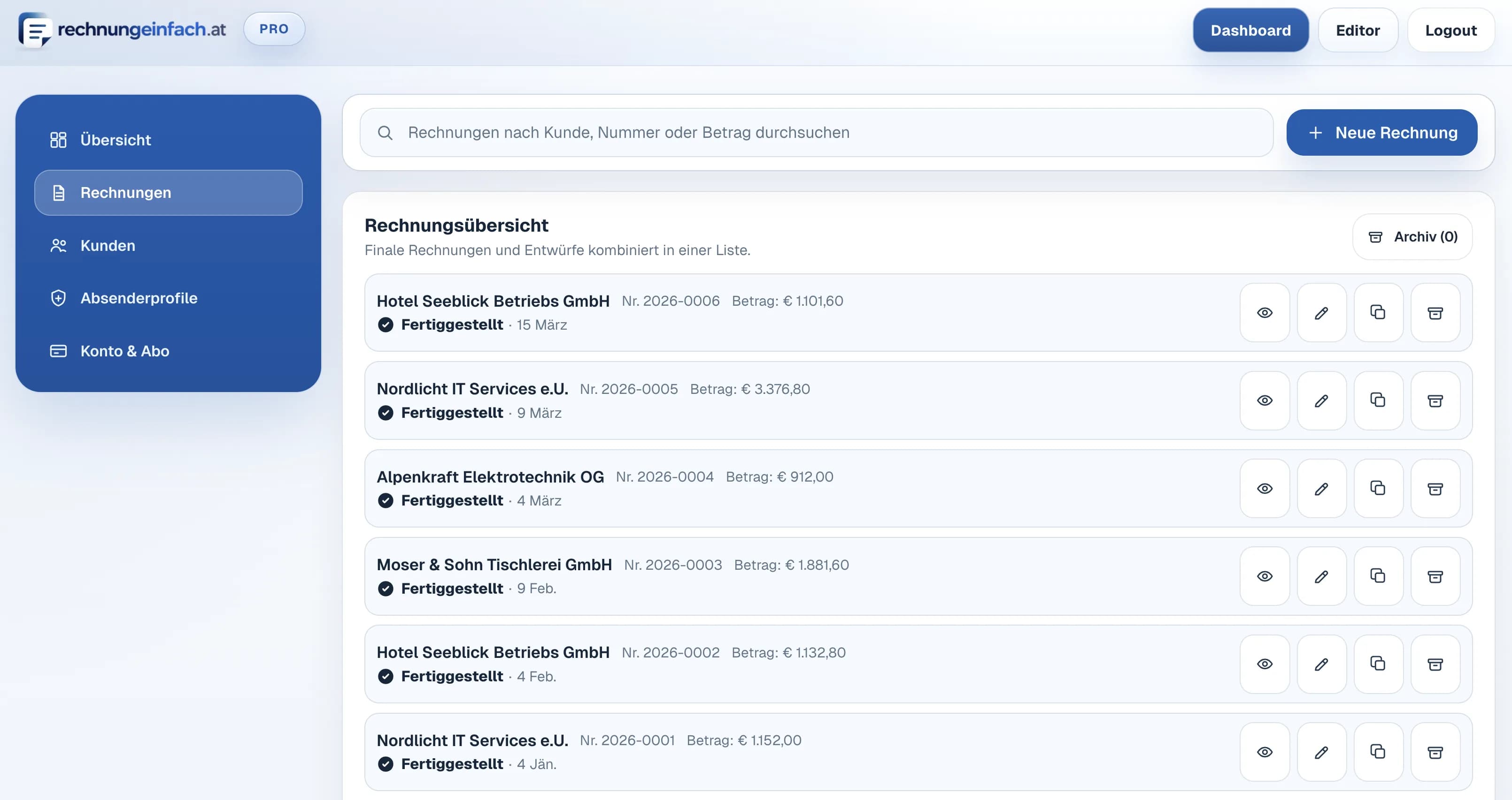 Screenshot der Cloud-Rechnungsübersicht mit Statusfiltern